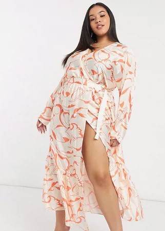 Атласное ярусное платье макси с запахом и абстрактным принтом ASOS DESIGN Curve-Многоцветный