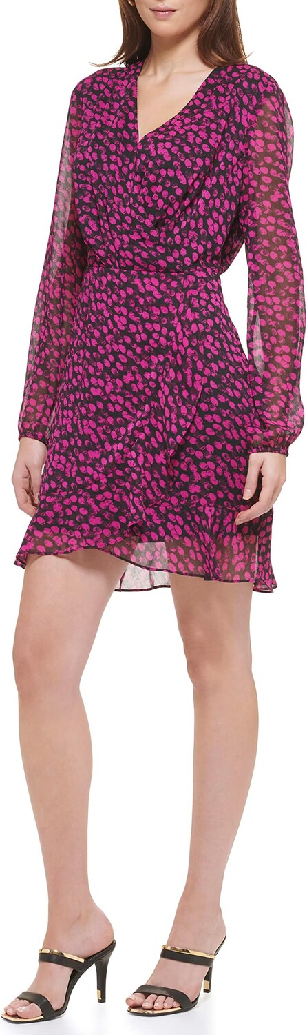 Платье DKNY Long Sleeve Printed Wrap Dress, цвет Black/Electric Fuchsia
