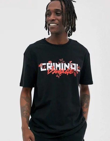 Черная oversize-футболка с логотипом Criminal Damage-Белый