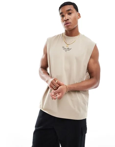 Бежевая свободная майка с текстовым принтом на груди ASOS DESIGN