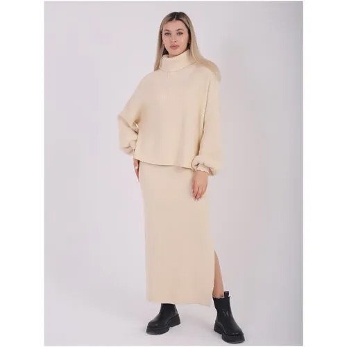 Костюм, свитер и юбка, оверсайз, размер 42-48, бежевый