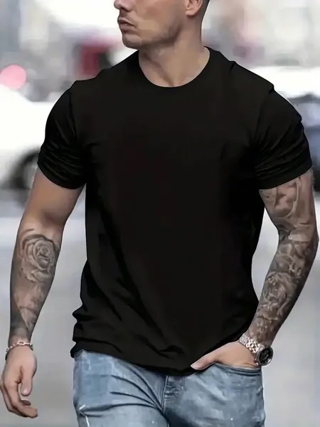 Мужская однотонная спортивная футболка с коротким рукавом и круглым вырезом, черный