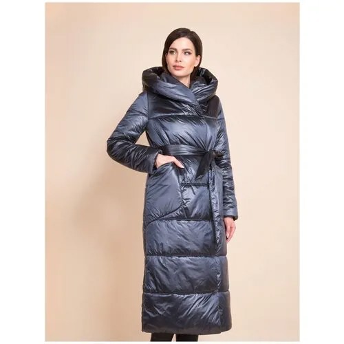 Куртка  Electrastyle, демисезон/зима, удлиненная, силуэт трапеция, стеганая, подкладка, пояс/ремень, капюшон, карманы, размер 42, синий
