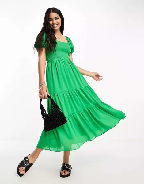 Зеленое платье миди с объемными рукавами и присборенными рукавами Moon River