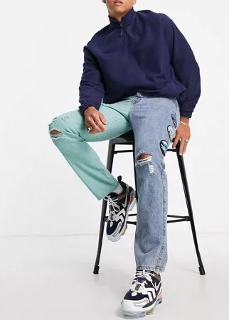Прямые джинсы от комплекта с нашивками на штанинах и вышивкой синего и зеленого цветов Liquor N Poker-Разноцветный