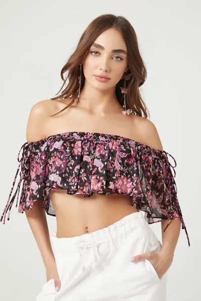 Укороченный топ с открытыми плечами и цветочным принтом Forever 21, черный
