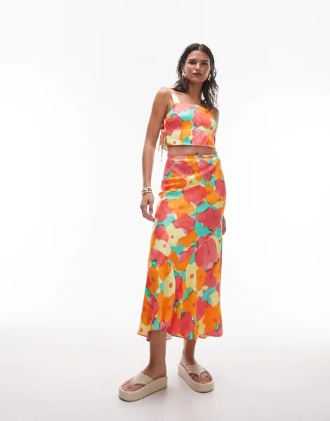 Разноцветная юбка миди с цветочным принтом Topshop co-ord naive