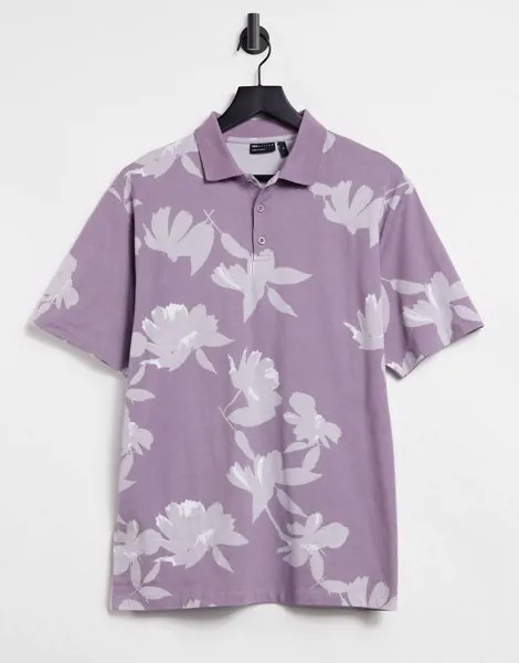 Свободная фиолетовая футболка-поло с короткими рукавами и цветочным принтом ASOS DESIGN-Фиолетовый цвет