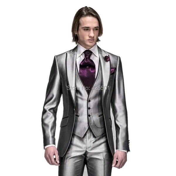 Блестящий серебряный Свадебный Мужской костюм 2020, официальный облегающий стильный мужской блейзер, смокинг для жениха на заказ, 3 предмета, мужские костюмы