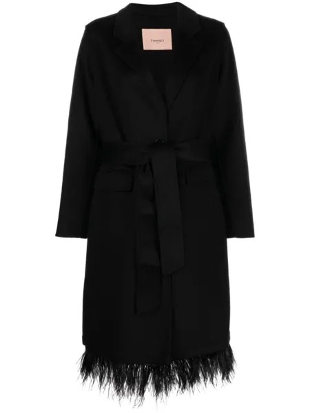 TWINSET пальто из смесовой шерсти с перьями, черный