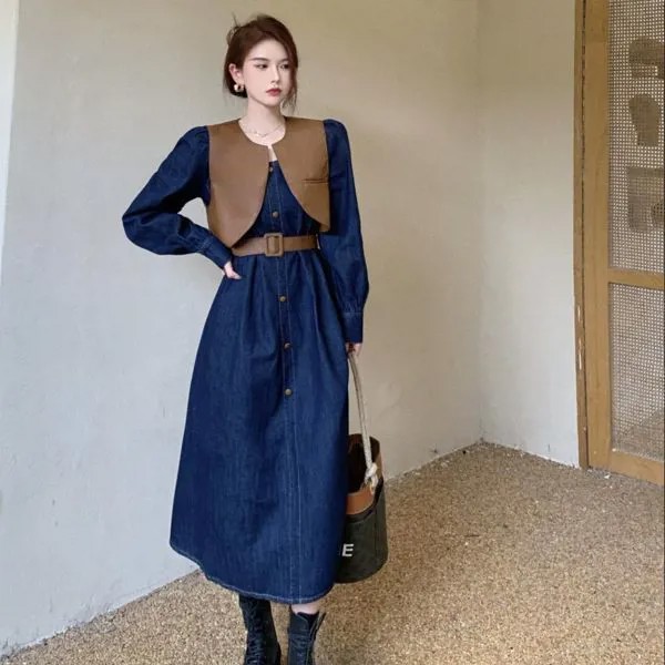 Китайский новый модный однотонный короткий жилет из искусственной кожи в стиле ретро + свободное однобортное джинсовое платье средней длин...