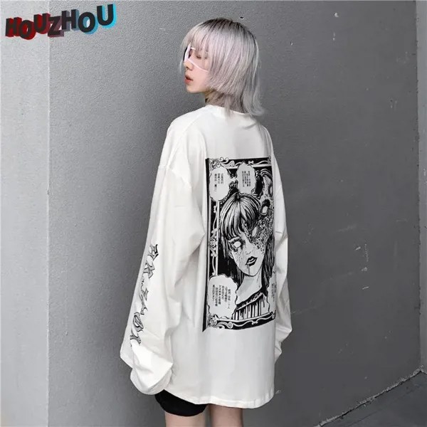 Harajuku Оверсайз с длинным рукавом Футболка E Girl Аниме Принт Японская уличная одежда Hiphop Punk O-neck Готическая повседневная футболка Топы для девочек Y2k Club Style