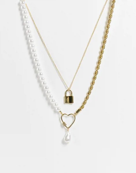 Золотистое ожерелье-цепочка с искусственным жемчугом и подвесками в виде сердца и замочка Pieces-Золотистый