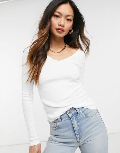 Белый лонгслив с V-образным вырезом River Island