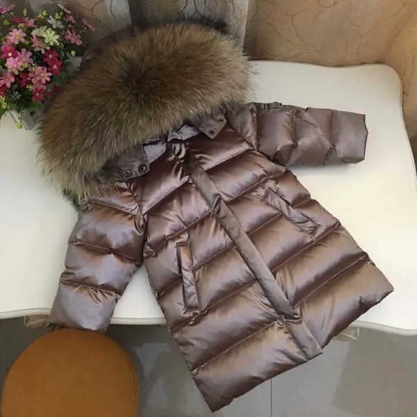 Детский Зимний пуховик для мальчиков и девочек, длинная куртка на 90% белом утином пуху с воротником из натурального меха, Детская парка для снега