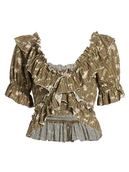 Укороченная хлопковая блузка с рюшами и цветочным принтом Favorite Girl Free People, цвет army combo