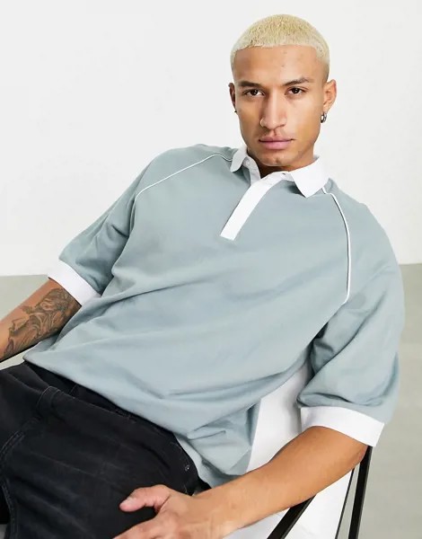 Голубая oversized-футболка поло из пике с контрастной белой отделкой ASOS DESIGN-Голубой