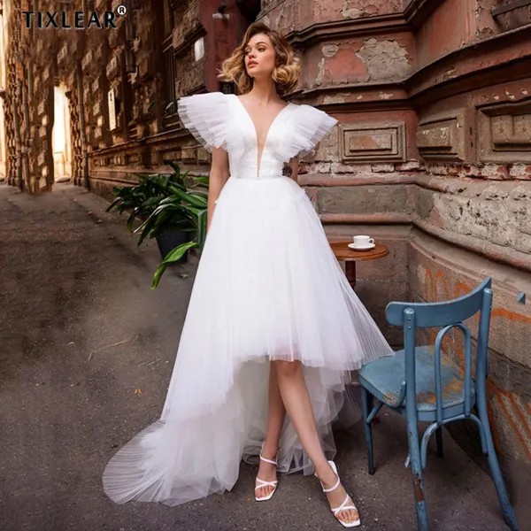 Женское свадебное платье YEEH, пушистое платье трапециевидной формы с рукавами-крыльями и V-образным вырезом, плиссированное платье для невес...