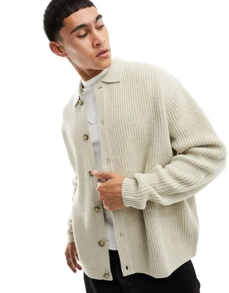 Бежевая трикотажная футболка-поло на пуговицах в рубчик свободного кроя ASOS DESIGN