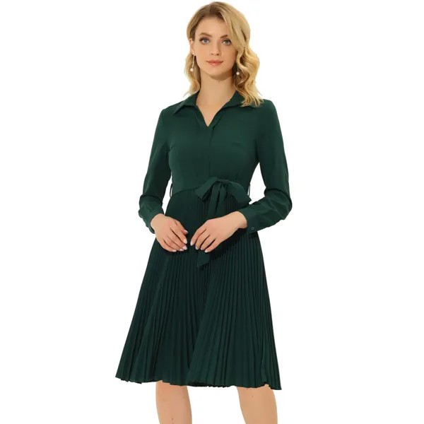 Женское шифоновое платье-рубашка с V-образным вырезом и длинными рукавами, плиссированным подолом и поясом ALLEGRA K, темно-зеленый