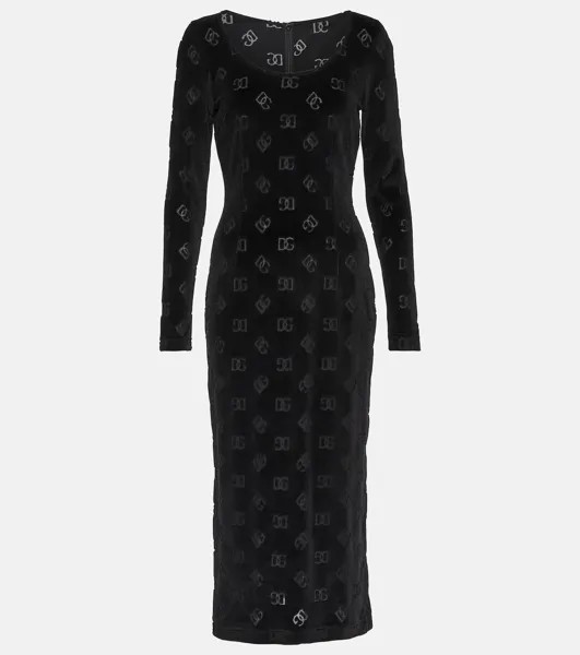 Бархатное платье миди с логотипом Dolce&Gabbana, черный