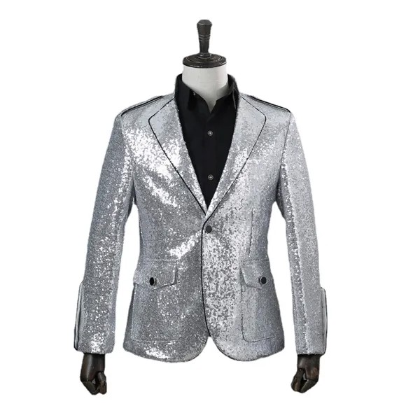 Костюм мужской с блестками, повседневный серебристый пиджак, одежда для сцены
