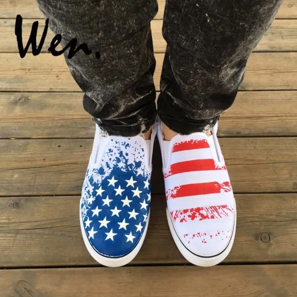 Кеды Wen унисекс без шнуровки, дизайнерские холщовые кроссовки на платформе, с рисунком американского флага, унисекс, для мужчин и женщин, руч...