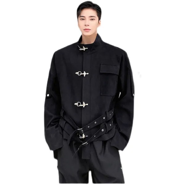 Men's Autumn Winter Thicken Stand Collar Belt Loose Casual Short Jacket Male Dark Black Fashion Handsome Vintage Fashion Coat