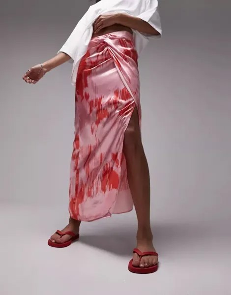 Разноцветная юбка миди с цветочным принтом и закрученной деталью спереди Topshop