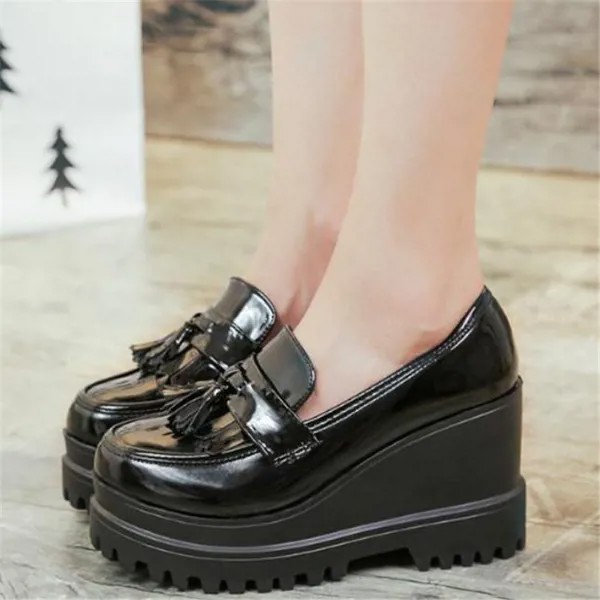 Women's Autumn Platform Creepers High Heels Tassels Women's Shoes Ladies Leather Wedge Shoes Platform Sneakers  Zapatos Mujer