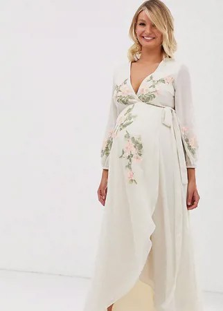 Платье макси кремового цвета для беременных с запахом спереди, вышивкой и асимметричным дизайном Hope & Ivy-Розовый