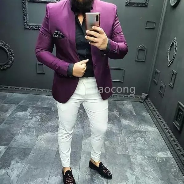 Новое поступление, дизайнерский Фиолетовый пиджак и белые брюки, мужской костюм, облегающий смокинг, индивидуальный Блейзер, костюмы для же...