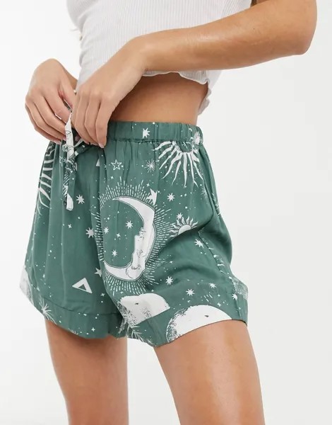 Шалфейно-зеленые пижамные шорты из 100%-го модала с астрологическим принтом ASOS DESIGN (от комплекта)-Зеленый