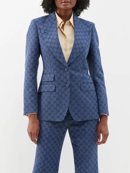 Однобортный пиджак из смесового льна с узором gg-жаккард Gucci, синий