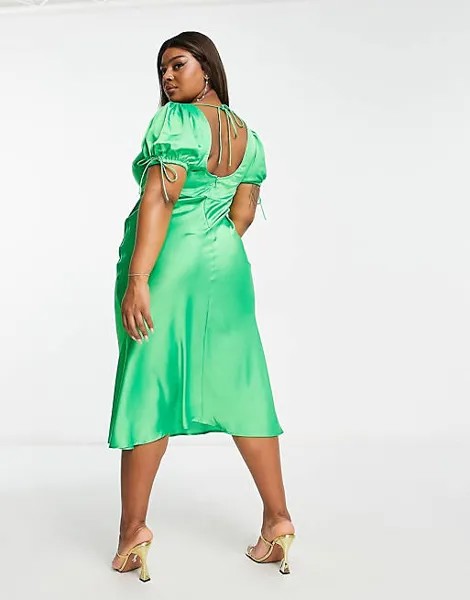 Зеленое атласное чайное платье миди с закрученной передней частью ASOS DESIGN Curve
