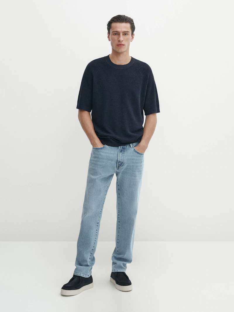 Трикотажная футболка из смеси хлопка и льна Massimo Dutti, синий