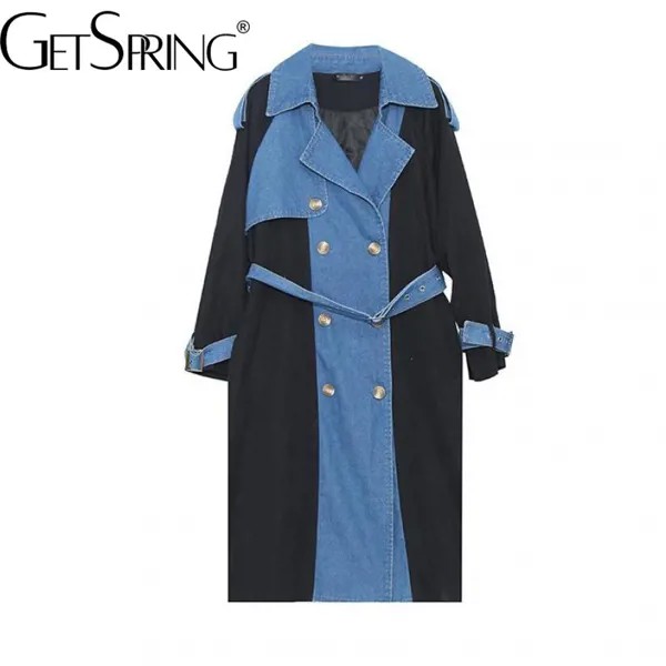 Тренчкот GetSpring женский джинсовый, ветровка в стиле пэчворк на шнуровке, двубортный свободный длинный плащ, Осень-зима