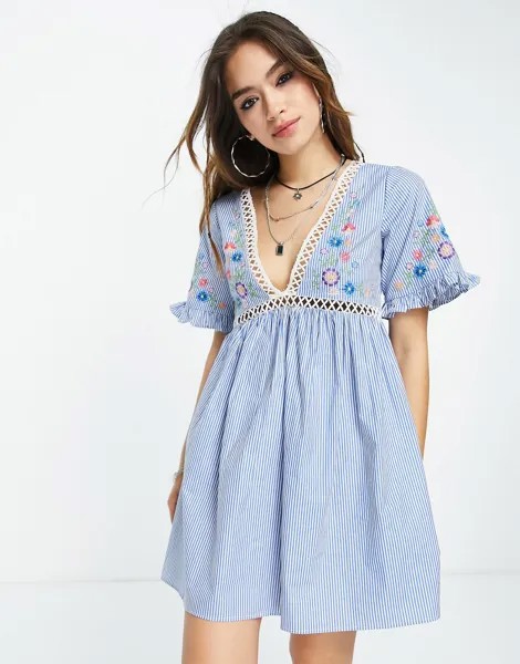 Хлопковый сарафан в синюю полоску с вышивкой ASOS DESIGN