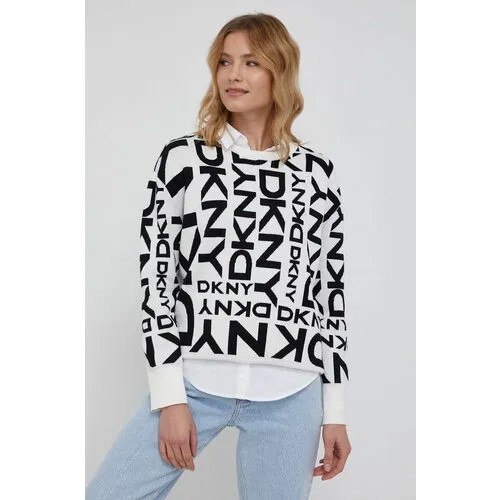 Свитер DKNY, длинный рукав, свободный силуэт, вязаный, размер XS, белый