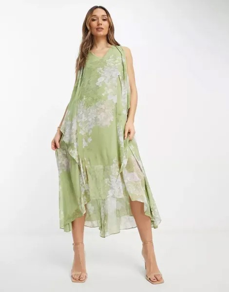 Зеленое платье миди с цветочным принтом AllSaints Capri Venetia