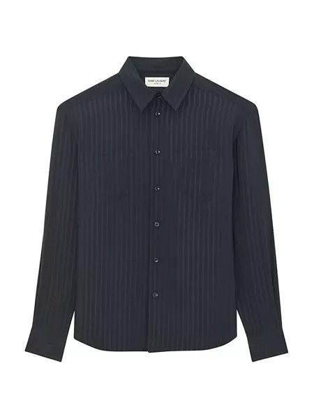 Укороченная рубашка из матового и блестящего шелка в полоску Saint Laurent, цвет blue nuit