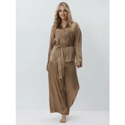 Комплект , рубашка, брюки, длинный рукав, пояс на резинке, пояс, размер 46-48, коричневый