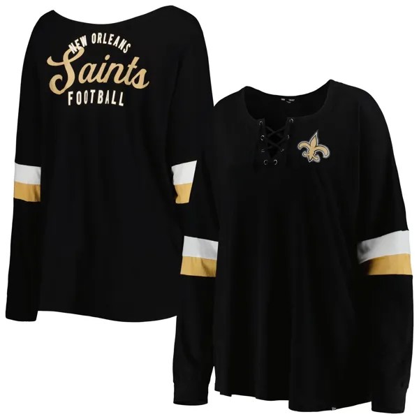 Женская черная футболка New Era New Orleans Saints размера плюс, спортивная университетская футболка на шнуровке с v-образным вырезом и длинными рукавами New Era