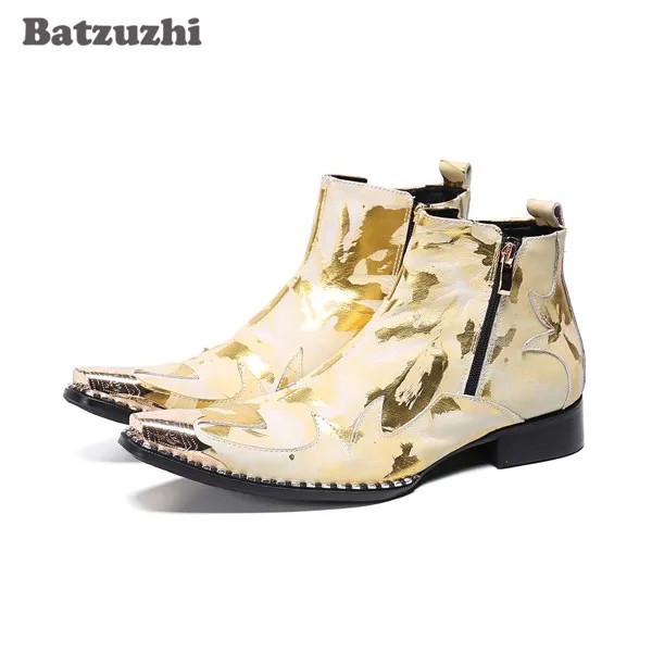 Batzuzhi роскошные мужские ботинки ручной работы с острым металлическим носком мужские кожаные ботильоны золотые рок обувь для вечерние НКИ и свадьбы botas hombre