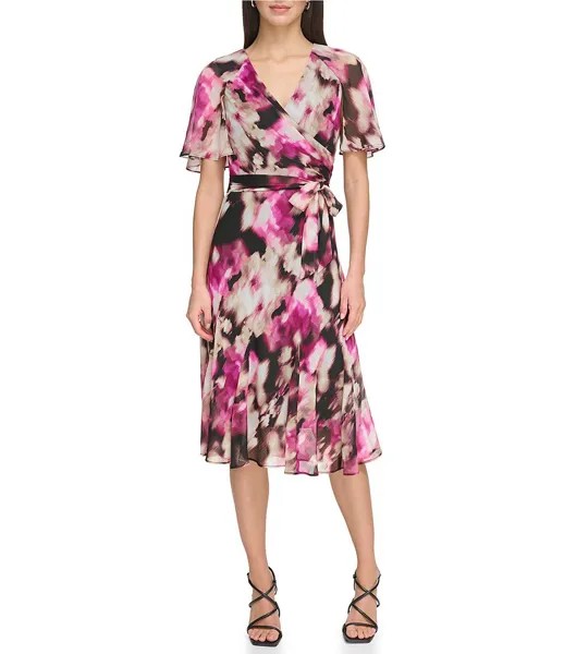 Платье миди DKNY Surplice с V-образным вырезом, короткими развевающимися рукавами и искусственным запахом, мультиколор