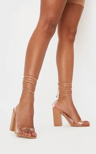 PrettyLittleThing Светло-коричневые сандалии широкого кроя на блочном каблуке с ремешками и завязкой на щиколотке