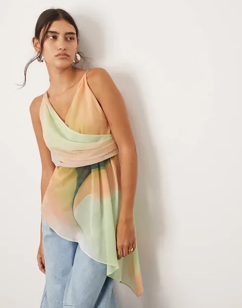 ASOS EDITION – Топ-майка с принтом Ombr>9, асимметричным подолом и запахом спереди