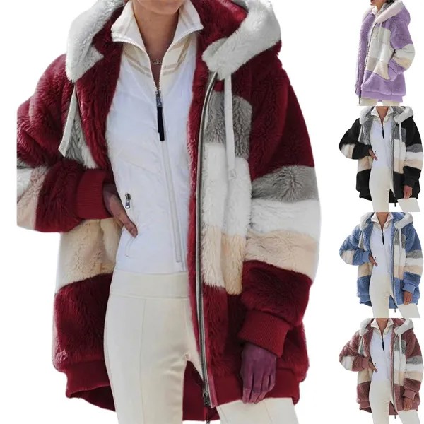 Цвет Соответствие Плюшевые пальто Женщины Молния Флис Кардиган Drawstring Дамы Толстовки Куртки