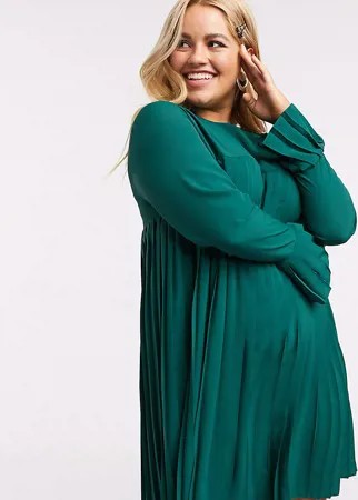 Зеленое плиссированное платье-трапеция мини с длинными рукавами ASOS DESIGN Curve-Зеленый