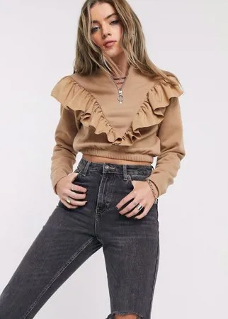 Бежевый свитшот с молниями и оборками Bershka-Коричневый